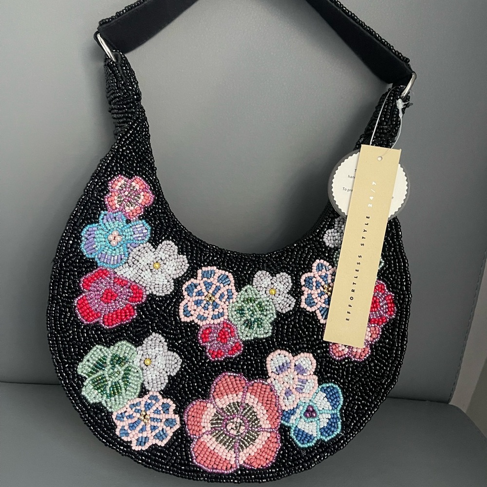Studio 12 Black Floral Travel Beaded Bag Purse Handcrafted In India